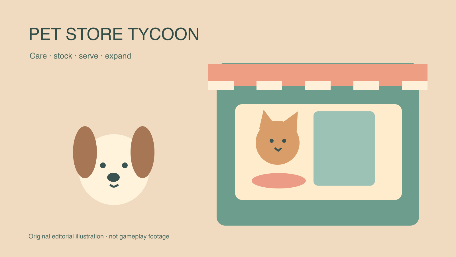 Original editorial illustration of a pet shop with a dog, cat and stocked care area; not gameplay footage.